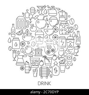 Icone dell'infografica sulle bevande in cerchio - illustrazione vettoriale della linea concettuale per copertina, emblema, badge. Insieme di icone di contorno Illustrazione Vettoriale