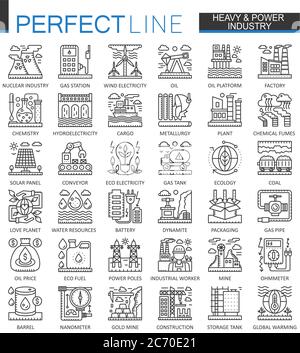 Simboli di concetto per il settore dell'energia pesante. Set di illustrazioni a corsa lineare a energia rinnovabile e in fabbrica. Icone sottili perfette Illustrazione Vettoriale