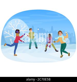 Il gruppo di amici che giocano le palle di neve fuori dell'illustrazione vettoriale Illustrazione Vettoriale