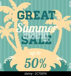 Banner Vintage Vector Summer sale. Silhouette Palm semplice. Banner esotico moderno, poster, volantino, cartolina, copertina Illustrazione Vettoriale