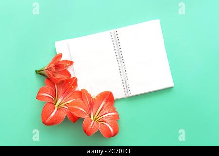 Concetto di San Valentino o giorno della madre. Flower e notebook piatto. Spazio di copia. Foto Stock