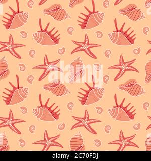 Motivo senza cuciture con conchiglie su sfondo giallo. Design estivo della spiaggia. Illustrazione vettoriale. Illustrazione Vettoriale