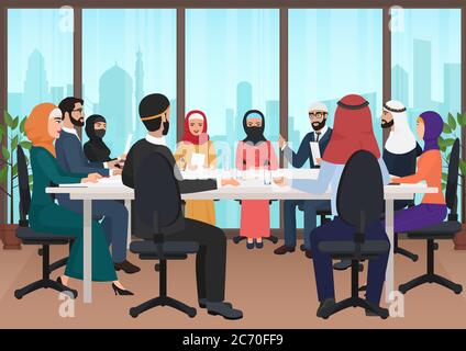 Gli uomini d'affari arabi discutono di meeting moderno ufficio. Conferenza musulmana vettore di fumetti piatti Illustrazione Illustrazione Vettoriale