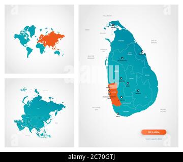 Modello modificabile di mappa dello Sri Lanka con segni. Sri Lanka sulla mappa mondiale e sulla mappa asiatica. Illustrazione Vettoriale