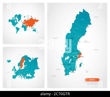 Modello modificabile di mappa della Svezia con segni. La Svezia sulla mappa mondiale e sulla mappa europea. Illustrazione Vettoriale