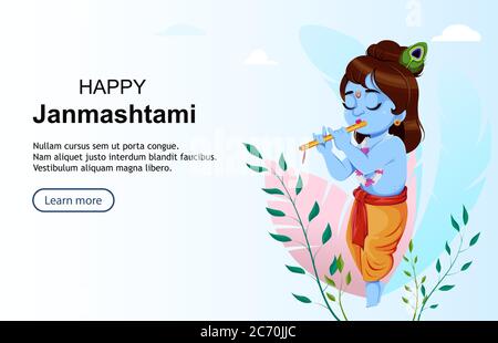 Felice Krishna Jammashtami. Lord Krishna che gioca flauto. Buon festival di Jammashtami dell'India. Utilizzabile per siti Web, landing page, ecc. illustrazione vettoriale Illustrazione Vettoriale