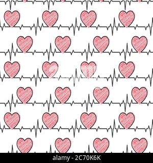 Pattern cardiaco senza cuciture in stile Doodle e impulsi cardiogramma per texture, tessuti, sfondi semplici e confezionamento Illustrazione Vettoriale