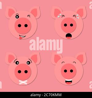 Set di emoji vettoriali. Muso di maiale primo piano. Faccia di maiale divertente e carino in stile cartone animato. carta 3d art. Icona maiale. Illustrazione Vettoriale