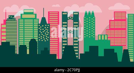 Paesaggio urbano. Skyline della città moderna. Paesaggio urbano. Paesaggio urbano diurno in stile piatto. Illustrazione Vettoriale