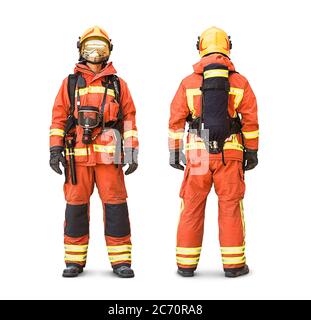 Foto di un pompiere isolato che mostra l'attrezzatura completa e gli abiti in una vista anteriore e posteriore Foto Stock