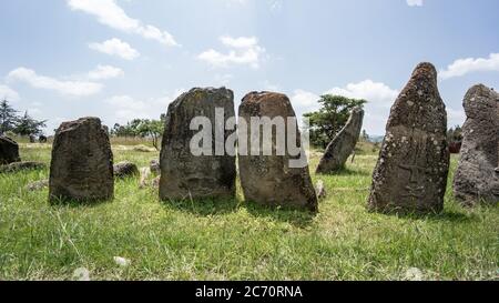 Tiya, Etiopia - Settembre 2017: Colonne megalitiche di pietra Tiya, un sito patrimonio dell'umanità dell'UNESCO vicino ad Addis Abeba Foto Stock