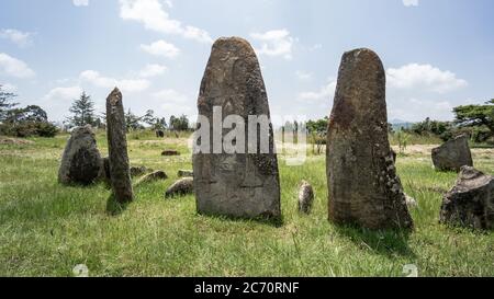 Tiya, Etiopia - Settembre 2017: Colonne megalitiche di pietra Tiya, un sito patrimonio dell'umanità dell'UNESCO vicino ad Addis Abeba Foto Stock