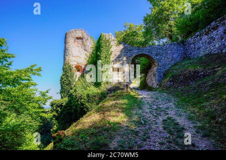 Porta alle rovine del castello a Ferrette (Pfirt), comune nel dipartimento Haut-Rhin in Alsazia, nel nord-est della Francia. Foto Stock
