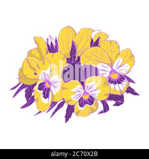 Clipart di fiori di pansy disegnati a mano. Elemento di design floreale. Isolato su sfondo bianco. Vettore Illustrazione Vettoriale