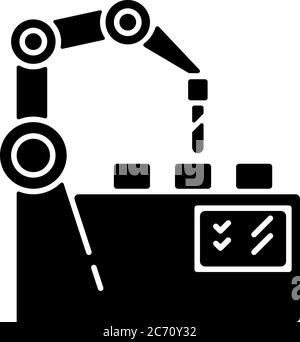 Icona glifo nero automazione della produzione. Rivoluzione industriale, simbolo della silhouette dell'innovazione dei processi di produzione sullo spazio bianco. Montaggio meccanico Illustrazione Vettoriale