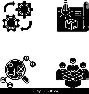 Processi industriali icone glifo nero impostate su spazio bianco. Sviluppo di concept di prodotto, produzione di prototipi, selezione di fornitori e servizio di manutenzione Illustrazione Vettoriale