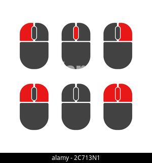 I pulsanti del mouse consentono di fare clic su un gruppo di icone vettoriali isolate. I pulsanti del mouse del computer indicano clic sinistro, scorrimento, dimostrazione clic destro, entrambi Illustrazione Vettoriale