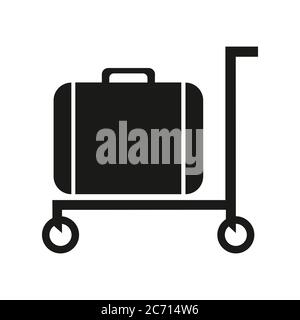 Icona del carrello per bagagli. Bagaglio su un vassoio immagine vettoriale isolato su bianco. Design in stile glifo del bagaglio a mano. Illustrazione Vettoriale