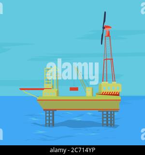 Concetto vettoriale di industria offshore petrolifera e del gas con piattaforma stazionaria Illustrazione Vettoriale