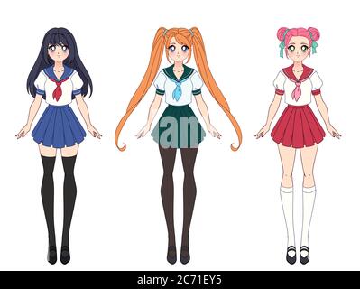 Set di tre anime girl che indossano divisa da scuola giapponese. Capelli diversi. Capelli rosa, pigtail rossi e capelli neri. Illustrazione vettoriale disegnata a mano. Illustrazione Vettoriale