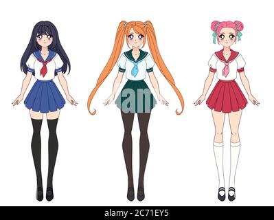 Set of Kawaii Anime Girls with Different Accessories. Stock Vector -  Illustration of design, cartoon: 268228157