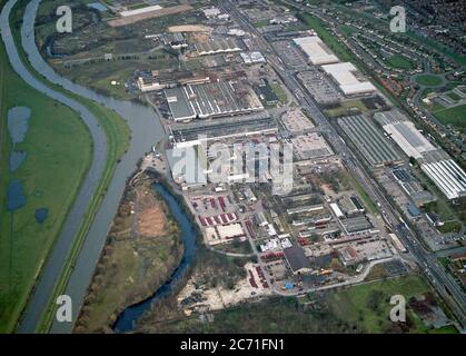 Una vista aerea della Case Tractor Factory, ora demolita, Doncaster, South Yorkshire, Inghilterra settentrionale, Regno Unito, nel 1997 Foto Stock