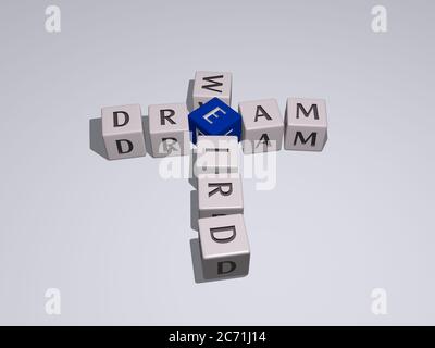 crocevia di sogno strano disposto da lettere cubiche su un pavimento di specchio, significato di concetto e presentazione. illustrazione e sfondo. Illustrazione 3D Foto Stock