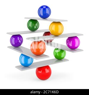 Concetto di equilibrio da sfere di sequina e colorate, rendering 3D isolato su sfondo bianco Foto Stock