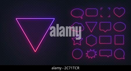 Cerchio, quadrato, bolla vocale, stella, triangolo, cuore, esagono e altri cornici al neon rosa viola con gradiente luminoso su uno sfondo trasparente scuro. Illustrazione Vettoriale