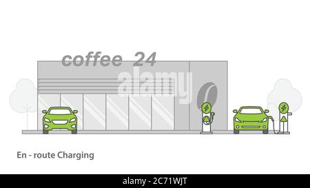 Auto elettrica caricata dalla stazione di ricarica nel parcheggio del bar. Illustrazione vettoriale.concetto di tecnologia minimale. Illustrazione Vettoriale