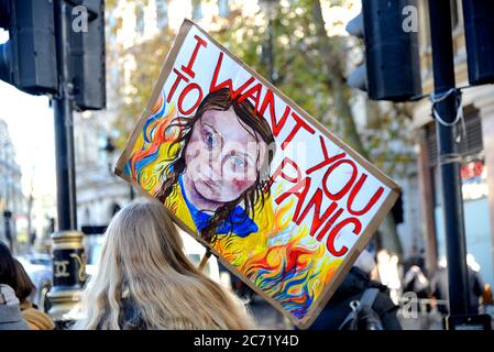 Venerdì per i futuri sciatori climatici dimostrano a Westminster contro il cambiamento climatico. Londra, Regno Unito. 29 novembre 2019. Greta Thunberg cartello 'voglio Foto Stock