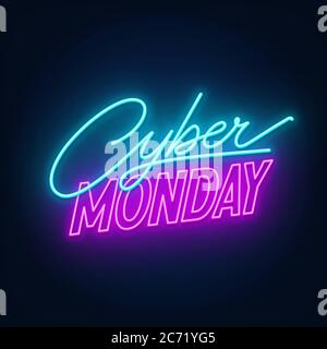 Il simbolo del neon del Cyber Monday su sfondo scuro. Illustrazione Vettoriale