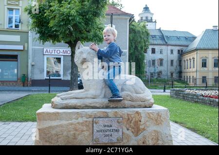 Ragazzo di tre anni seduto su una scultura di un lupo a Międzylesie, nella contea di Kłodzko, nella bassa Voivodato della Slesia, nella Polonia sud-occidentale, in Europa Foto Stock