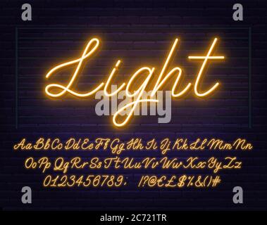 Font script giallo neon. Alfabeto luminoso con lettere, numeri e caratteri speciali. Illustrazione Vettoriale