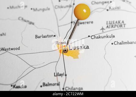 Lusaka, Zambia sulla mappa segnata con il perno Foto Stock