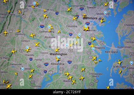 Traffico aereo su Washington e Baltimora aera (13 luglio 2020, UTC 16.31) su Internet con il sito Flightradar 24, durante il periodo di Coronavirus Pandemic Foto Stock