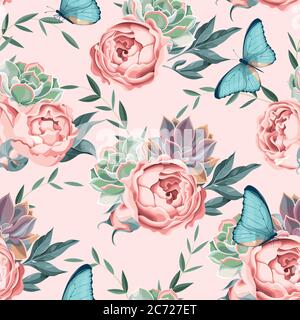 Rose e succulente senza giunture Illustrazione Vettoriale