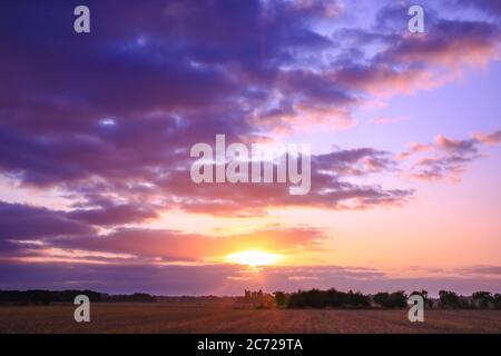 Tramonto mozzafiato su una foresta. Raggi di luce attraverso le nuvole in un cielo romantico. Paesaggio di vacanza in estate. Campi di erba nel terreno. Foto Stock