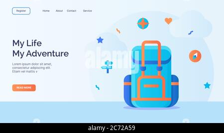 La mia vita la mia avventura zaino bussola icona campagna per il sito web home homepage landing modello banner con cartoon flat stile vettoriale design Illustrazione Vettoriale