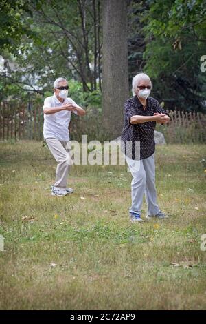 Una coppia asiatica americana più anziana, probabilmente sposata, fa esercizi di Tai Chi a Kissena Park, Flushing, Queens, New York City. Foto Stock