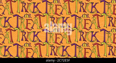Contorno senza giunture vettore funky di Halloween. Banner denso con trucco o trattare il testo su sfondo arancione texture spiderweb. Tipografia disegnata a mano con texture Illustrazione Vettoriale