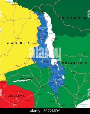 Malawi Political maptown,work,territory,region,atlas,drawing,contour,topografia,nazionale,capitale,segno,mare,oceano Illustrazione Vettoriale