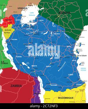 Mappa vettoriale dettagliata della Tanzania con confini nazionali, nomi di contea, strade principali e una silhouette di stato estremamente dettagliata. Illustrazione Vettoriale