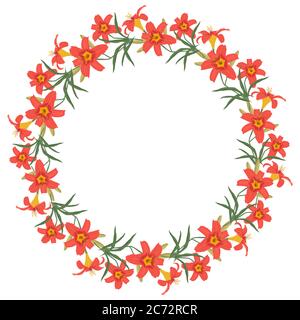 Cornice rotonda floreale da fiori di gigli. Fiori di gigli arancioni con boccioli e foglie verdi su sfondo bianco. Modello biglietto di auguri. Vettore Illustrazione Vettoriale