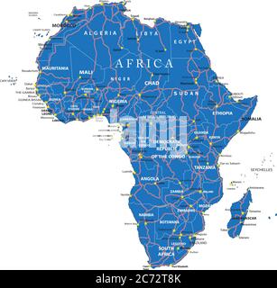 Mappa vettoriale altamente dettagliata dell'Africa con paesi, città principali e strade. Illustrazione Vettoriale