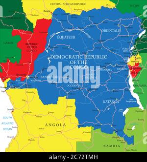 Mappa vettoriale altamente dettagliata della Repubblica Democratica del Congo con regioni amministrative, città principali e strade. Illustrazione Vettoriale