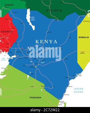 Mappa vettoriale altamente dettagliata del Kenya con regioni amministrative, città principali e strade Illustrazione Vettoriale