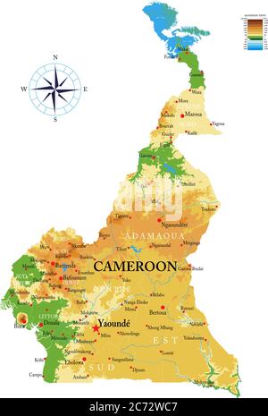 Mappa fisica del Camerun, in formato vettoriale, con tutte le forme di rilievo, le regioni e le grandi città. Illustrazione Vettoriale