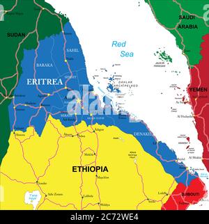 Mappa vettoriale altamente dettagliata dell'Eritrea con regioni amministrative, città principali e strade. Illustrazione Vettoriale