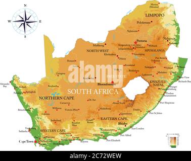 Mappa fisica del Sud Africa, in formato vettoriale, con tutte le forme di rilievo, le regioni e le grandi città. Illustrazione Vettoriale